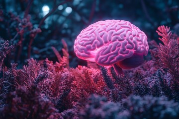 Aufkleber - Colorful brain illuminated in a surreal forest at night with glowing foliage and vibrant colors
