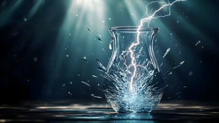 Poster - a glass vase shattering with water splashing and a bolt of lightning illuminating the scene. concept