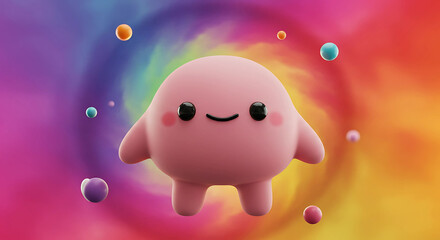 Leinwandbilder - Pink blob character with colorful background and spheres