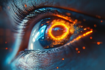 Aufkleber - Digital art depicting a futuristic eye with glowing orange circuitry in a dark environment, symbolizing technology and vision