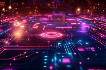 Aufkleber - Colorful digital circuit board design illuminated with neon lights in a futuristic setting