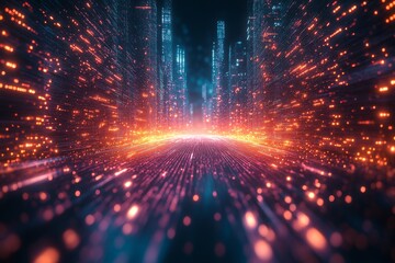 Aufkleber - Vibrant digital cityscape with glowing lights and abstract motion effects at night