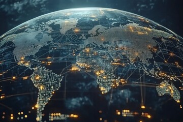 Aufkleber - Global network with illuminated connections viewed from above displaying continents and data points at night