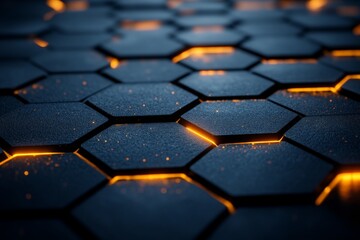 Poster - Hexagonal patterns with glowing edges create a futuristic design in a dark background