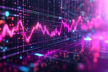 Poster - Colorful digital data visualization displaying fluctuating graph trends in a modern setting