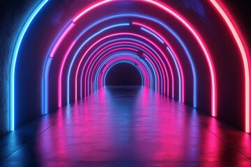Poster - Bright neon tunnel with pink and blue lights creating an immersive atmosphere at night