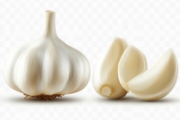 Poster - Fresh garlic bulb and cloves displayed on a white background emphasizing their texture and shape