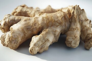 Poster - Fresh ginger root displayed on a plain surface highlighting its textured surface and unique shape under soft light