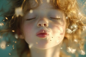 Poster - Child blowing dandelion seeds while enjoying a sunny day outdoors, surrounded by nature and tranquility