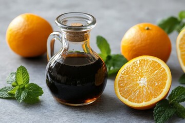 Poster - Freshly squeezed orange juice with mint leaves and a glass jar on a gray surface
