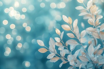 Poster - Sparkling foliage against a blurred blue background creates a serene and enchanting atmosphere perfect for a calm setting