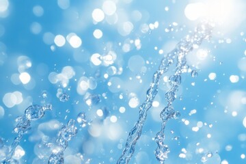 Aufkleber - Water droplets splash against a bright blue background during a sunny afternoon creating a sparkling effect