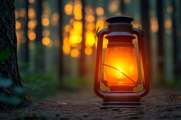 Aufkleber - Warm glow of a vintage lantern in a serene forest during sunset