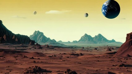 Poster - Retro-futuristic alien landscape featuring a distant planet and moons above a barren terrain with rocky formations under a greenish sky