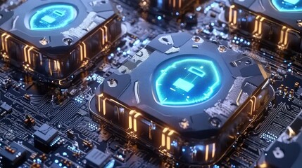 Poster - Blockchain security concept featuring futuristic holographic shields, encrypted cryptocurrency wallets, and decentralized finance safety.