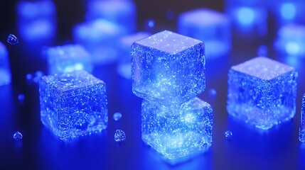 Poster - Glowing blue cubes resting on a dark reflective surface