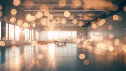 Poster - Bright and airy modern office space with wooden floors and large windows during sunset