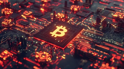 Poster - Cryptocurrency mining process with blockchain nodes, secure encryption keys, and decentralized finance elements.