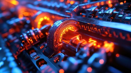 Poster - Cryptocurrency mining process with blockchain nodes, secure encryption keys, and decentralized finance elements.