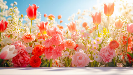 Poster - Colorful tulips and blossoms basking in sunlight at a vibrant spring garden