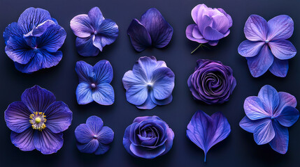 Poster - Beautiful collection of purple flowers arranged artistically on a dark background