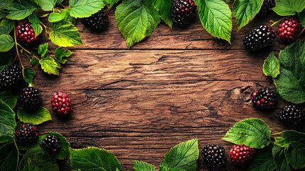 Poster - Blackberries and lush green leaves are arranged on a weathered wooden table, showcasing a fresh and organic feel