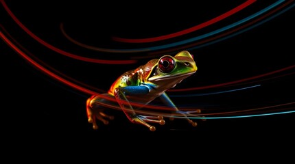 Wall Mural - A colorful frog is illuminated against a dark background, surrounded by vibrant light trails. The dynamic lighting creates a sense of movement.