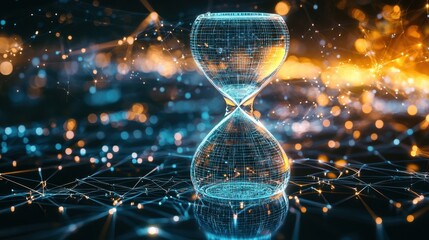 Poster - Futuristic digital hourglass glowing with neon-blue light against a sleek tech background, symbolizing time, innovation, and advanced technology.