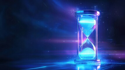 Poster - Futuristic digital hourglass glowing with neon-blue light against a sleek tech background, symbolizing time, innovation, and advanced technology.