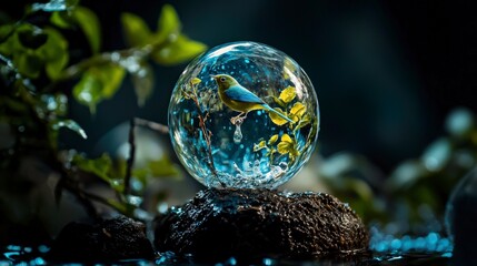 Aufkleber - Bird encased in glass bubble lush forest fantasy art enchanted environment close-up view nature's magic