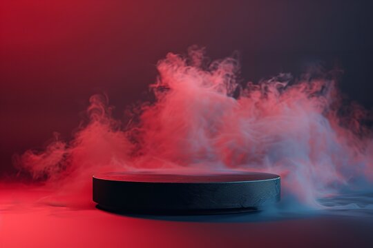 A close-up of On a red background with text area a sleek spherical black podium rises out of a misty fog, Generative AI.