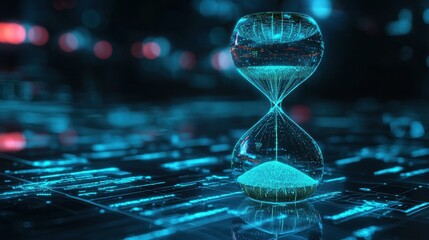Poster - Holographic hourglass with a soft blue glow, floating in a high-tech digital environment, representing time and technology's evolution.