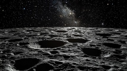 Wall Mural - stunning view of lunar surface with deep craters and distant galaxy in the starry night sky