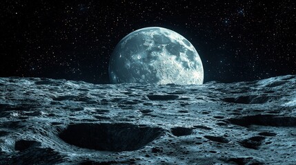 Wall Mural - surreal moon landscape with stars and earth rising above lunar surface in night sky