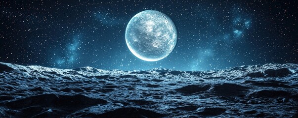 Wall Mural - majestic lunar landscape with glowing moon and starry sky above a rocky surface in deep space