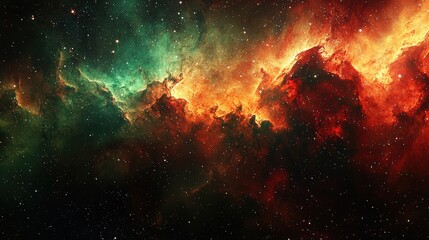 Wall Mural - vibrant cosmic nebula with rich colors of green, red, and orange against starry background in deep s