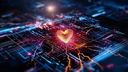 Poster - Digital heartbeat exploring love through technology in a virtual space abstract art futuristic environment