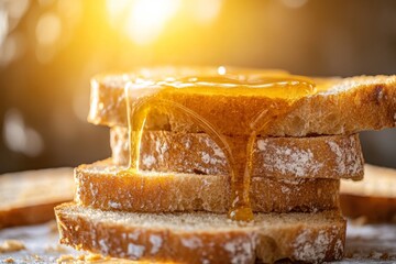 Aufkleber - Golden honey drizzles over slices of freshly baked bread during a warm sunset