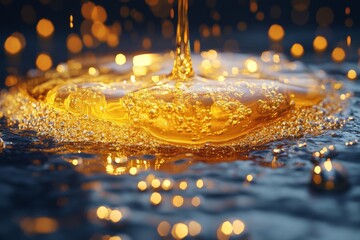 Poster - Beautiful golden liquid flowing gracefully over a sparkling surface in a dreamy atmosphere