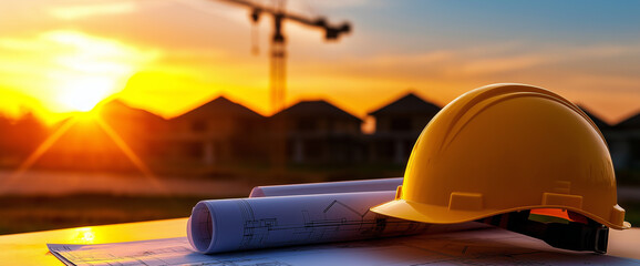 hard hat and blueprints on table with houses in background during sunset, symbolizing construction and planning