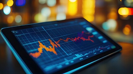 Poster - A digital tablet displaying a business line graph with stock market performance.