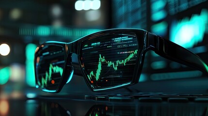 Poster - A dynamic stock market chart glowing on a computer screen, reflecting in the glasses of a focused investor.