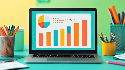 Poster - A laptop screen displaying a business report with a bar chart, surrounded by office supplies.