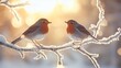© 娟 秀秀 - Two charming robins perched on a frosty branch at sunrise.