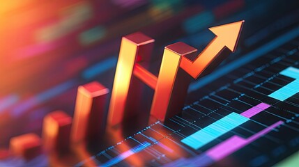Poster - A printed business report with a bar chart and an arrow pointing upwards, reflecting positive market trends.