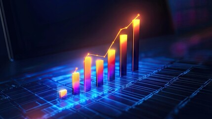 Poster - A realistic business bar chart displayed on a laptop screen, showing steady growth in sales over time.