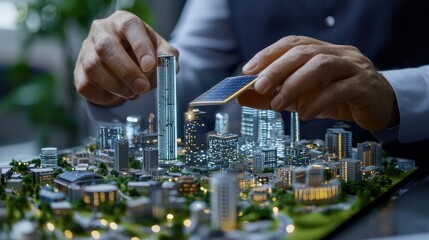 Aufkleber - A man is holding a model of a city with a cell phone in his hand