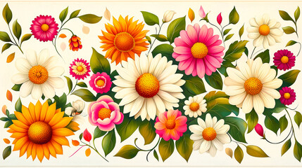 Aufkleber - A vibrant array of colorful flowers including daisies, sunflowers, and roses showcases nature\'s beauty in a lively arrangement