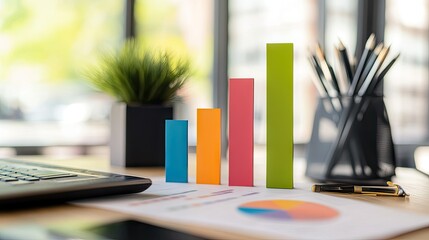 Poster - A vibrant business bar chart with multicolored bars displayed on a modern office desk.