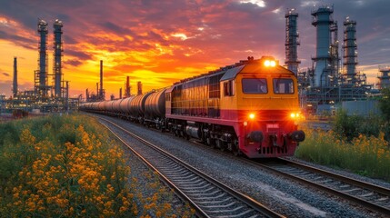 Aufkleber - A freight train carries large cargo containers along railway tracks in an industrial area during a vivid sunset, framed by towering refineries and blooming flowers.